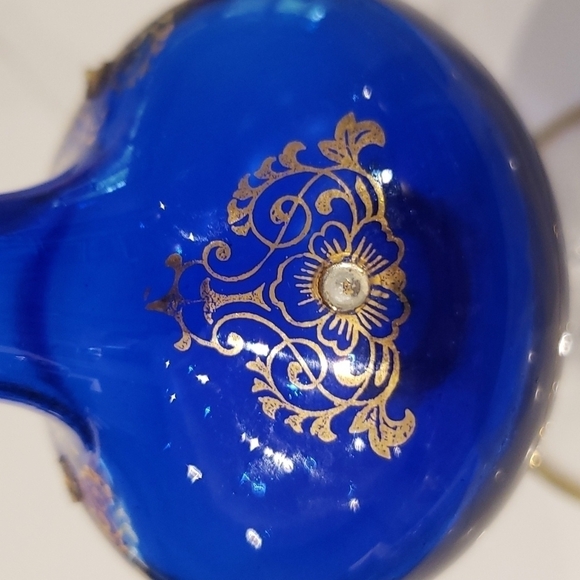 𝅺COBALT Blue Glass blown flute vase swirled foot gold gilded design 10.5" - Picture 7 of 10